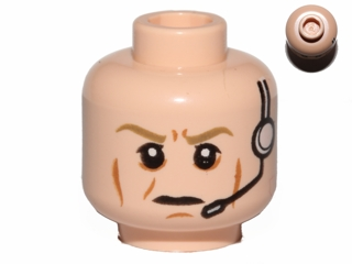 Minifigure, Head Male Dark Tan Eyebrows Furrowed, Cheek Lines, Frown, Headset Pattern (SW Airen Cracken)