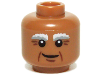 Minifigure, Head White and Light Bluish Gray Bushy Eyebrows, Reddish Brown Jowl Lines, Chin Dimple and Eye Wrinkles, Lopsided Grin Pattern