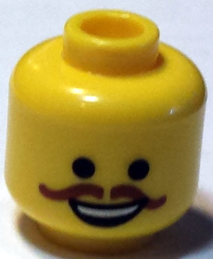 Minifigure, Head Black Eyes, Open Mouth Smile and Curly Brown Moustache Pattern (Western Emmet)