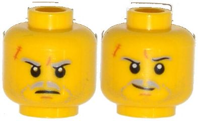 Minifigure, Head Dual Sided Light Bluish Gray Beard Stubble, Moustache, Eyebrows, Scar, Determined / Smirk Pattern (Solomon Blaze)