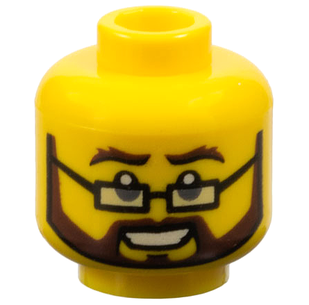 Minifigure, Head Dark Brown Bushy Eyebrows, Full Beard and Moustache, Black Rectangular Glasses, Open Mouth Smile with Teeth Pattern