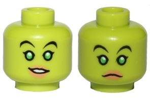 Minifigure, Head Dual Sided Alien Female SW Twi'lek with Black Eyebrows, Single Eyelashes, Bright Green Eyes, Nougat Lips, Lopsided Open Mouth Smile with Teeth / Neutral Pattern