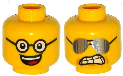 Minifigure, Head Dual Sided Black Glasses, Open Smile with Teeth and Tongue / Sunglasses, Clenched Teeth Pattern