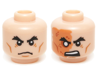 Minifigure, Head Dual Sided Black Bushy Eyebrows, Medium Nougat Cheek Lines, Chin Dimple and Wrinkles, Scowl / Nougat Right Side Scarred Face and Angry Open Mouth with Upper Teeth Pattern