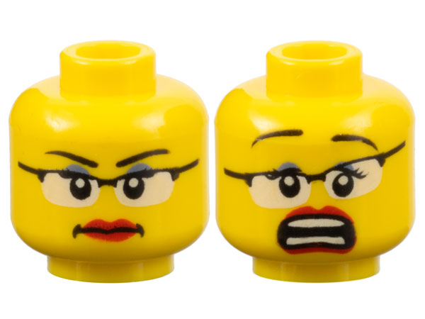 Minifigure, Head Dual Sided Female Glasses with Black Frames, Red Lips, Determined / Scared Pattern