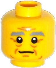 Minifigure, Head Male Bushy Gray Eyebrows, Wrinkles, White Pupils, Slight Smile Pattern