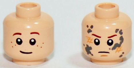 Minifigure, Head Dual Sided Child LotR Bain, Brown Eyebrows, Slight Smile and Freckles / Angry with Mud Splotches Pattern
