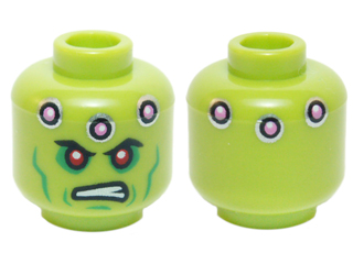 Minifigure, Head Alien with Red Eyes, Green Cheek Lines, Dark Pink Circles and Scowl Pattern (Brainiac)