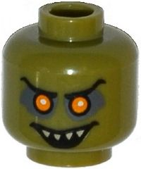 Minifigure, Head Alien Goblin with Orange Eyes, Black Eyebrows, Dark Bluish Gray Eye Shadow, and Open Mouth Smile with Pointed Teeth Pattern