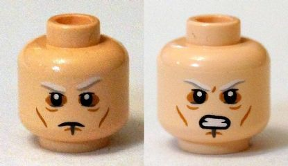Minifigure, Head Dual Sided Gray and White Eyebrows, Cheek Lines, Raised Eyebrow /  Bared Teeth Pattern