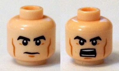 Minifigure, Head Dual Sided Black Thick Eyebrows, Cheek Lines, Closed Mouth  / Open Mouth with Teeth Pattern