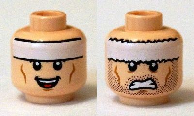 Minifigure, Head Dual Sided White Strip on Forehead and Cheek Lines, Open Mouth Smile / Stubble, Teeth, Angry Pattern