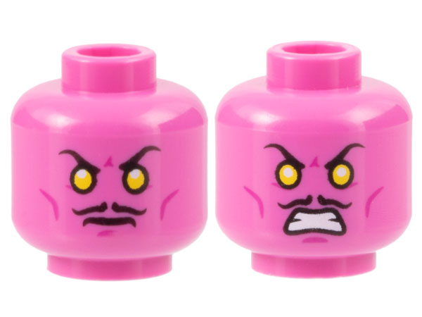 Minifigure, Head Dual Sided Thin Black Moustache, Yellow Eyes, Magenta Cheek Lines and Chin Dimple, Frown / Bared Teeth Pattern