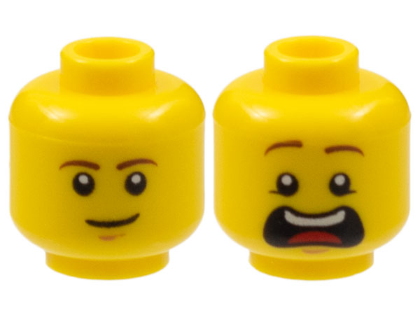Minifigure, Head Dual Sided Brown Eyebrows, White Pupils, Slight Smile and Cleft Chin / Open Mouth Scared Pattern (McScrubs)