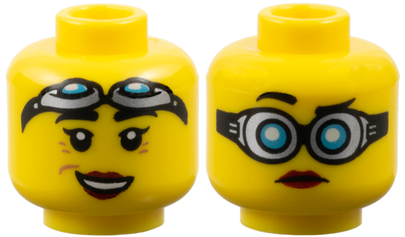 Minifigure, Head Dual Sided Female Red Lips, Goggles, Closed Mouth / Open Mouth Smile Pattern (Christina Hydron)
