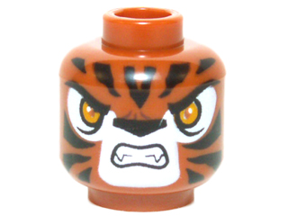 Minifigure, Head Alien Chima Tiger with Bright Light Orange Eyes, Black Nose and Stripes, White Snout and Eye Shadow, Open Mouth Snarl with Fangs Pattern