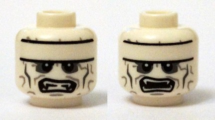 Minifigure, Head Dual Sided Forehead Band, Dark Gray Around Eyes, Teeth with Fangs / Open Mouth Pattern (Batzarro)