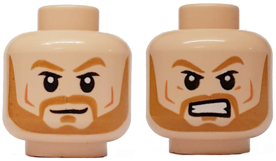 Minifigure, Head Dual Sided Medium Nougat Eyebrows and Beard, Smirk / Angry with Bared Teeth Pattern