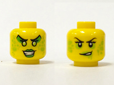 Minifigure, Head Dual Sided Female Black Eyelashes and Eyebrows, Lime Splotches, Smirk / Green Eye Shadow and Lips, Teeth Pattern