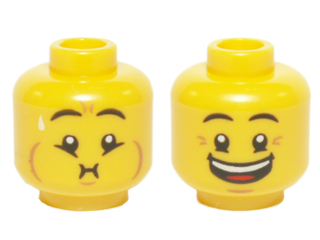 Minifigure, Head Dual Sided Eyebrows, Crow's Feet, Open Mouth Smile / Queasy Expression with Sweat Drop Pattern (Undetermined Type)