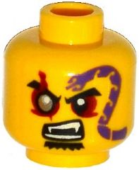 Minifigure, Head Black Eyebrows, Red Eyes with Silver Pupil Right, Goatee, Purple Snake Tattoo, Open Mouth with Fangs Pattern