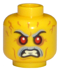 Minifigure, Head Gray Eyebrows and Moustache, Red Eyes, Angry with Bared Teeth, Forehead Wrinkles Pattern