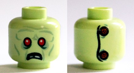 Minifigure, Head Alien Zombie, Red Eyes, Frowning, Broken Teeth, Stitching and 2 Buttons on Back Pattern