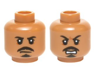 Minifigure, Head Dual Sided Black Moustache and Goatee, White Pupils, Neutral / Open Mouth Scowling Teeth Pattern (Tasu Leech)