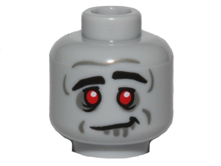Minifigure, Head Alien Zombie Black Thick Eyebrows, Red Eyes, Dark Bluish Gray Eye Shadow, Dimples, Drool, and Forehead Crease, Lopsided Grin Pattern