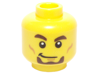 Minifigure, Head Dark Brown Thick Eyebrows and Goatee, White Pupils, Smirk and Cheek Lines Pattern