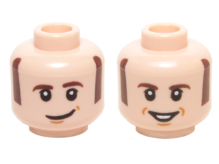Minifigure, Head Dual Sided Dark Brown Sideburns and Eyebrows, White Pupils with Lopsided / Open Smile Pattern (Howard Wolowitz)
