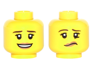 Minifigure, Head Dual Sided Female Dark Brown Eyebrows, Dark Tan Lips with Open Smile / Lip and Eyebrow Raised Pattern