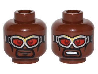 Minifigure, Head Dual Sided Glasses with Silver Goggles and Red Lenses, Black Goatee, Smile / Open Mouth Scowl Pattern