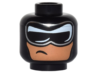 Minifigure, Head Balaclava, Black and White Mask with Silver Edge and Crooked, Off-Center Scowl on Nougat Face Pattern