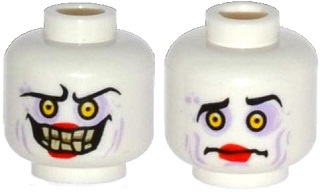 Minifigure, Head Dual Sided Alien with Sunken Yellow Eyes, Red Lips, Evil Smile with Teeth / Confused Pattern