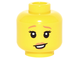 Minifigure, Head Female Dark Orange Eyebrows and Lips, Black Eyelashes, Lopsided Open Mouth Smile with Teeth Pattern