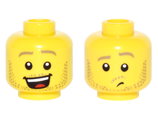 Minifigure, Head Dual Sided Dark Tan Eyebrows and Stubble Beard, Open Smile / Raised Left Eyebrow, Lost Pattern