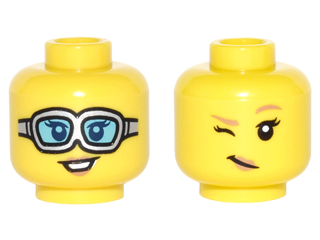 Minifigure, Head Dual Sided Female Silver Goggles with Medium Azure Lenses / Dark Tan Eyebrows and Wink Pattern