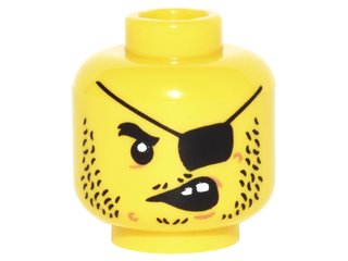 Minifigure, Head Black Bushy Eyebrow, Eye Patch, Moustache, Goatee and Mutton Chops Stubble, Medium Nougat Warts and Dimple, Lopsided Open Mouth with 2 Top Teeth Pattern