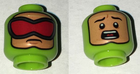 Minifigure, Head Dual Sided Balaclava with Nougat Face, Red Goggles / Scared Pattern (Killer Moth)