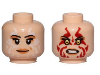 Minifigure, Head Dual Sided Female, Peach Lips, White Tribal Tattoos, Smile / Red Tribal Tattoos, Angry Pattern (SW Naare)