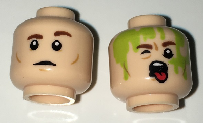 Minifigure, Head Dual Sided Reddish Brown Eyebrows, Closed Mouth / Open Mouth with Tongue, Slimed Pattern