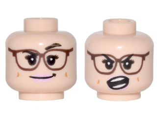 Minifigure, Head Dual Sided Female Reddish Brown Glasses, Bright Pink Lips, Crooked Smile and Raised Eyebrow / Open Mouth Angry Pattern