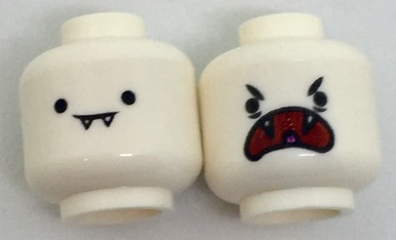Minifigure, Head Dual Sided Alien Female with Small Black Eyes, Closed Mouth with Fangs / Red Wide Open Mouth Pattern