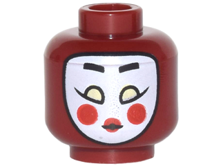 Minifigure, Head Female White Kabuki Mask with Black Eyebrows, Yellowish Green Eyes, Red Cheeks and Lips Pattern