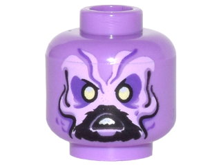 Minifigure, Head Alien with Dark Purple and Lavender Eyebrows and Face, Black Lines and Beard, Yellowish Green Eyes Pattern