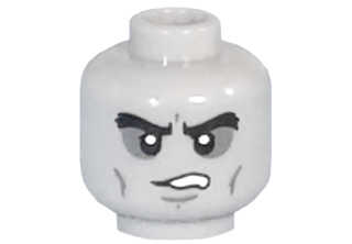 Minifigure, Head Alien with Black Bushy Eyebrows, Dark Bluish Gray Sunken Eyes, Cheek Lines, Frown with Teeth Pattern