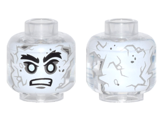 Minifigure, Head Alien with PotC White Face with Gray Cracks and Spots, Bushy Black Eyebrows, White Eyes, Bared Teeth Pattern