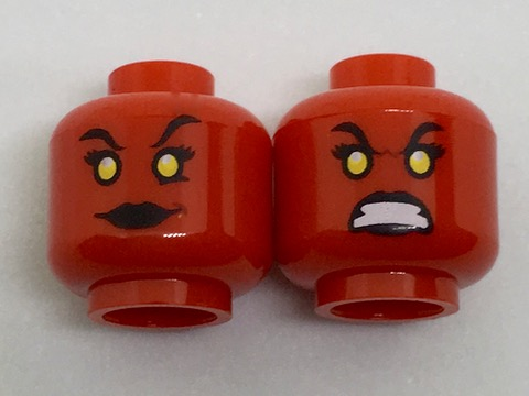 Minifigure, Head Dual Sided Alien Female with Yellow Eyes, Black Lips, Smile / Teeth Bared Fierce Pattern