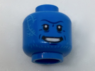 Minifigure, Head Alien with Black Eyes, Medium Azure Scars and Stubble, Dark Blue Forehead Crease and Dimples, Open Mouth Smile with White and Silver Teeth Pattern